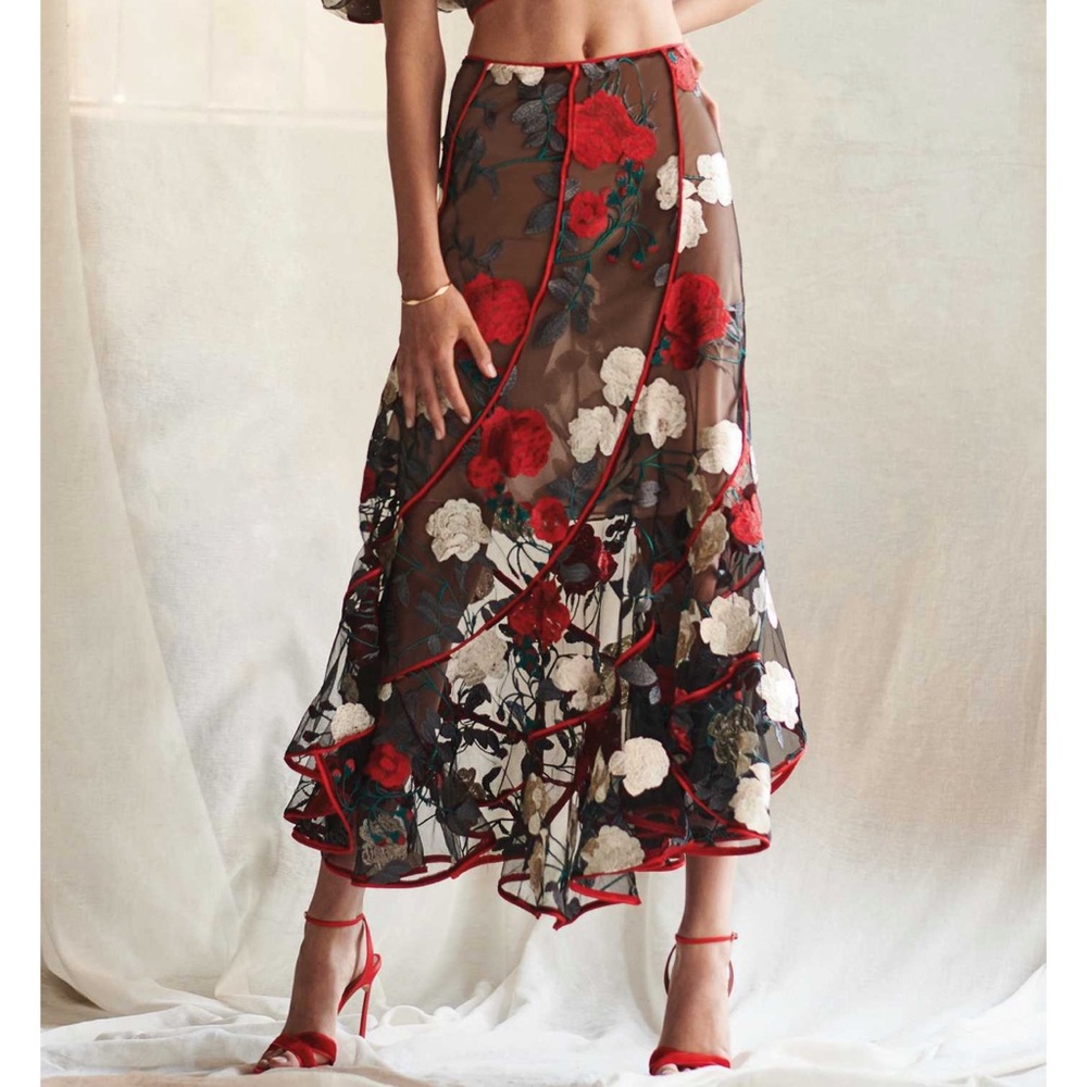 Christos Costarellos Skew Vollants Embroidered Tulle Skirt